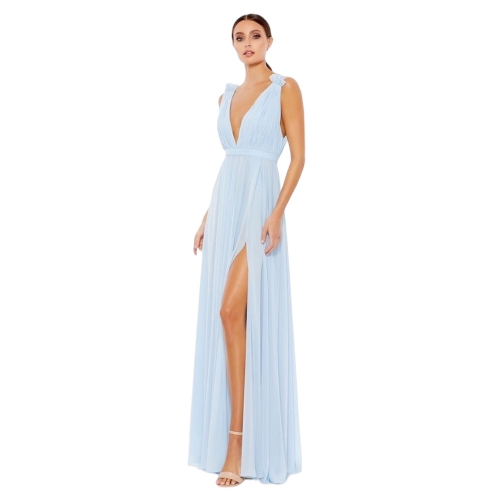 Mac Duggal Ieena 55321 Plunge V-Neck Pleated Chiffon Gown blue size 0